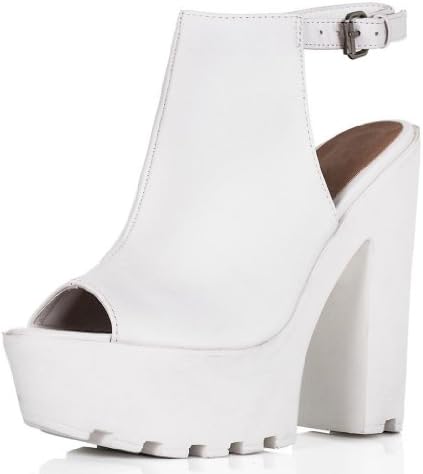 Block Heel Cleated Sole Peep Toe Platform Shoes White Synthetic Leather US 9