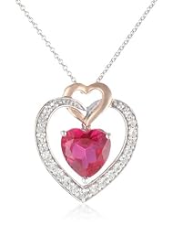 Sterling Silver Heart Created Ruby and Created White Sapphire with Small Heart Pink Plated Heart Pendant Necklace, 18"