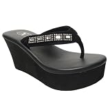 Women's Platform Wedge Thong Square Rhinestone Sandals Black 4-10