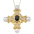 14K Yellow Gold Onyx, Pearl and Diamond Cross Pendant