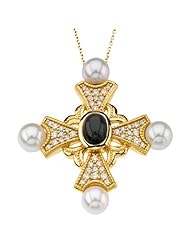 14K Yellow Gold Onyx, Pearl and Diamond Cross Pendant -- LIFETIME WARRANTY