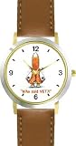Orange Cat Runnig from Vet - Cat Cartoon or Comic - JP Animal - WATCHBUDDY&reg; DELUXE TWO-TONE THEME WATCH - Arabic Numbers - Brown Leather Strap-Size-Women's Size-Small