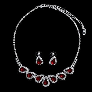 Silver Tone Red Rhinestone Crystal Bridal Necklace Earrings 2-pcs Set