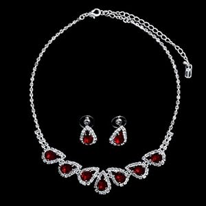 Silver Tone Red Rhinestone Crystal Bridal Necklace Earrings 2-pcs Set, Holiday Christmas Gift