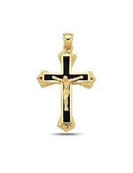 14K Yellow Gold & Black Enamel Crucifix Cross Mens Pendant (25 x 40 mm)