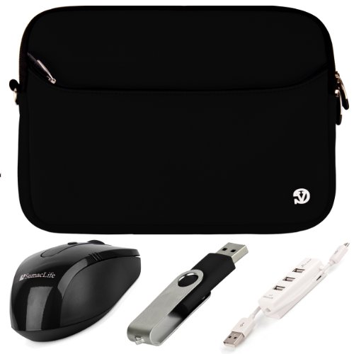 Jet Black Neoprene Laptop Sleeve for Asus UL50At / U53SD / U53Jc / U56E / S56CM / S56CA / U500VZ / S500CA / UX52VS / S550CA / S550CM 15.6-inch Ultrabook Laptops + Black SumacLife Wireless Mouse + Black 4GB Thumbdrive + Kallin 3 Port USB Hub & Micro USB Cable