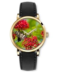 SPRAWL Aanalog Fashion Series Gold Ladies Watches of Genuine Black Leather Strap,Unique Wrist Watch for Women Girls Designed with Butterfly red berries
