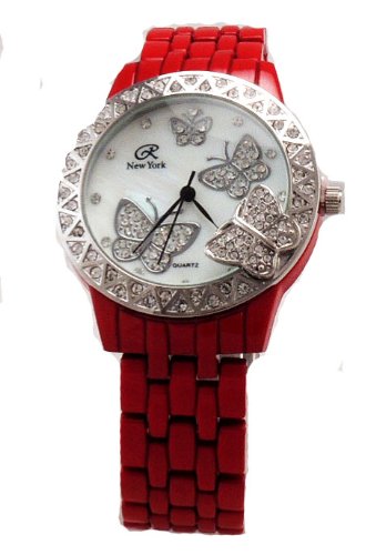Geneva Red Color with Mother of pearl Butterfly Fashion Watch