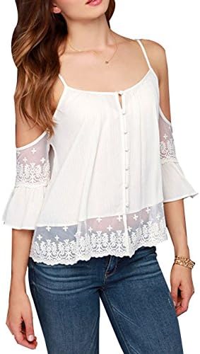 Fecland Women's Loose Sexy Spaghetti Strap Outside Of Shoulder Lace Button Blouse White Asian XL/US 2-4(Bust:33.1")