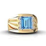 14K Yellow Gold Genuine Emerald-cut Blue Topaz Men's Men's Ring