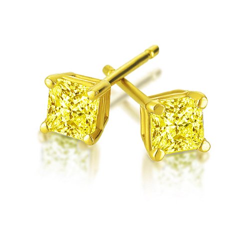14K Yellow Gold 1 Carat Princess Cut Treated Yellow Diamond Stud Earrings