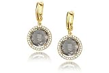14K Yellow Gold Matte-Finish Hand-Crafted Semi-Precious Color Stone Earrings, Centered with a Smokey Topaz Color Stone, Surrounded by Pave Set Diamonds.