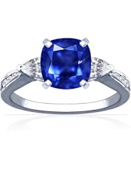 18K White Gold Cushion Cut Blue Sapphire Ring With Sidestones