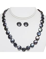 14-15mm Black Coin Freshwater Pearl 925 Sterling Silver Necklace Earring Set 18"