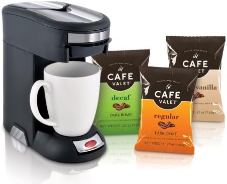 Café Valet Black/Silver Single Serve Coffee Brewer Starter Kit/Combo, Includes 10-Count Variety Pack of Exclusive Café Valet Coffee