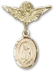 14K Gold Baby Badge with St. Martha Charm and Angel with Wings Badge Pin