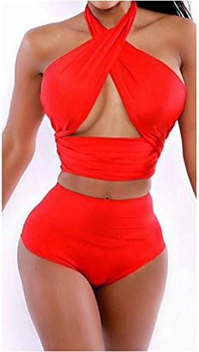 Sexy Women's Cross Push Up Halter Bikini 2 Pieces High-Waist Swimsuit Swimwear RedLarge Charming