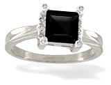 14K White Gold Genuine Square Black Onyx and Diamond Ring