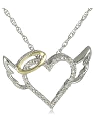 XPY Sterling Silver and 14k Yellow Gold Diamond Winged Halo Heart Pendant Necklace, 18"