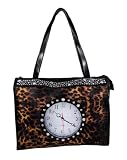 Leopard Print Textured Vinyl Tote Bag Built In Clock