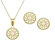 10k Yellow Gold, October Birthstone, Synthetic Opal Floral Disc Earring and Pendant Set