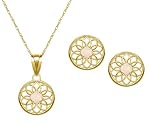 10k Yellow Gold, October Birthstone, Synthetic Opal Floral Disc Earring and Pendant Set