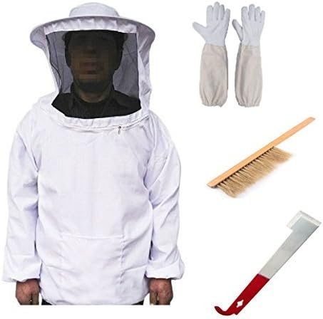 Amxing New Beekeeping Bee Keeping Suit Jacket&amp;Gloves&amp; Bee Hive Brush &amp; J Hook Hive Tool Set