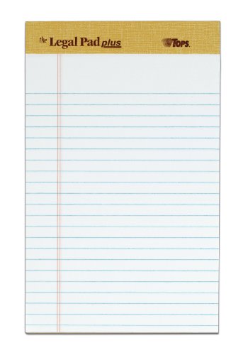 TOPS The Legal Pad Plus, Junior Legal Rule, 5 x 8 Inches, White, Perforated Top, 50 Sheets per Pad, 12 Pads per Pack (71500)