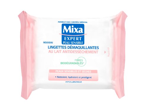 Mixa Visage Expert Peaux Lingettes Démaquillantes au Lait Anti Dessèchement Sèches et Sensibles Lot de 2