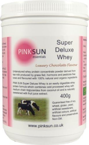 Grass Fed Whey Protein Concentrate Powder - Soy Free Whey With Natural Flavouring and Organic Ingredients - 400g Luxury Chocolate Flavour - PINK SUN Super Deluxe Whey by PINK SUN