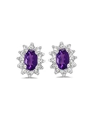Birthstone Company 14k White Gold Oval Amethyst And Diamond Earrings