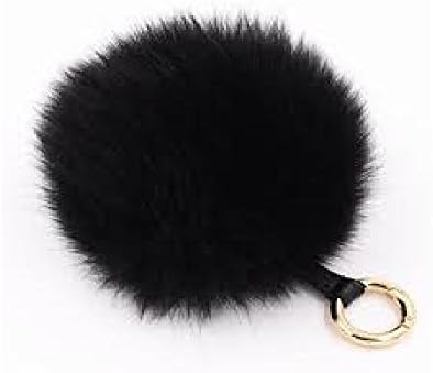 Real Fox Fur PomPom Black - Large 4 Inch Genuine Fur Ball with Leather Strap and Removable Golden Ring. Ultra-Luxury Key Chain / Handbag Pendant / Charm is Perfect Gift for Yourself or Someone Special