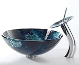 IMAGE OF Kraus C-GV-430-12mm-10CH Boulder Opal Glass Vessel Sink and Waterfall Faucet, Chrome