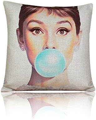MARY ST 18x18 Inch Cotton Linen Decorative Throw Pillow Cover Cushion Case, Audrey Hepburn and Marilyn Monroe with bubble blue and pink