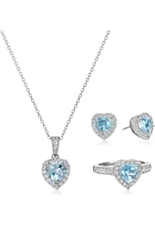 Sterling Silver Birthstone and White Topaz Halo Heart Earrings, Ring, and Pendant Necklace Jewelry Set