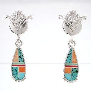 Southwestern Native American Handcrafted Ray Tracey Inlaid Dangle Earrings in Sterling Silver, #8622