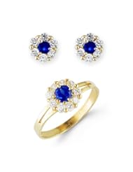 Child 14k Yellow Gold Blue White CZ Flower Stud Earrings Ring Set