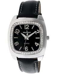 Peugeot Womens 310BK Silver-Tone Swarovski Crystal Accented Black Leather Strap Watch