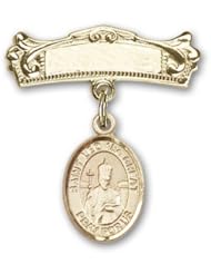 14K Gold Baby Badge with St. Leo the Great Charm and Arched Polished Badge Pin