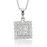 14k White Gold Round and Princess-Cut Diamond Square Pendant Necklace (G-H, SI, 1.60 carat)
