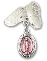 Sterling Silver Baby Badge with Pink Miraculous Charm and Baby Boots Pin