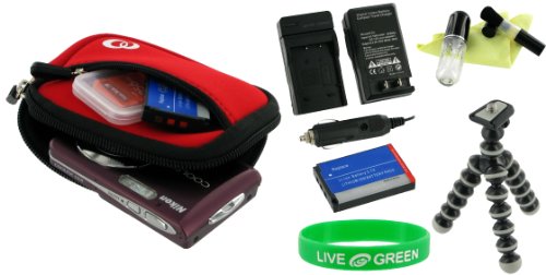 5n1 Neoprene Sleeve (Spicy Red) Case / NB-4L 900mAh Li-Ion Battery / AC DC Charger / Tripod / LCD Cleaning Kit for Canon PowerShot SD960IS Digital Camera Gold
