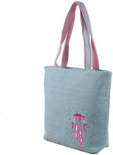 Girls Denim Tote Bag with Embroidered Ballet Shoe and Rhinestone