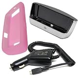 Combo of RIM BlackBerry Charging Pod (ASY-14396-008), BlackBerry MicroUSB Vehicle / Car Charger (ASY-18083-001) and Pink OEM Silicone protective case for BlackBerry Storm, Thunder, 9500, 9530 (HDW-18971-006)