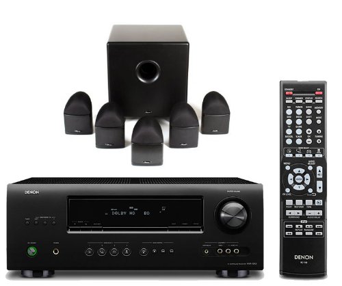 Denon AVR-1312 5.1-channel home theater receiver and Mirage Nanosat 5.1 Compact Home Theater Speaker System 5 satellite speakers and a powered subwoofer