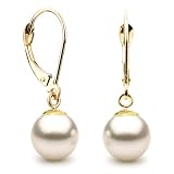 White Akoya Cultured Pearl 14k Gold Leverback Earrings - 8-9mm, AAA Quality