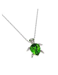 Rhodium Plated 925 Sterling Silver Green Cubic Zirconia CZ Sea Life Sea Turtle Charm Pendant Necklace with 18" inch Link Chain