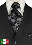 Woven Silk Mens Necktie + Pocket Square Hand Made in Italy By Valenti Ties and Hanky Set Black Silver