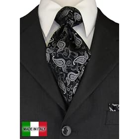 Woven Silk Mens Necktie + Pocket Square Hand Made in Italy By Valenti Ties and Hanky Set Black Silver