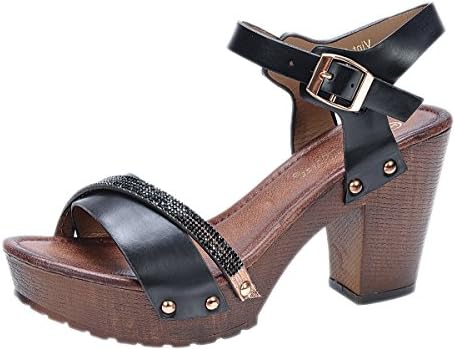 Nature Breeze Women's Vint-02 Buckle Comfort Medium Chunky Wooden Heel Sandal (6 B(M) US, Black)